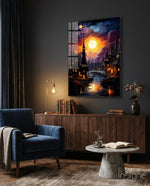 Moonlight glass wall art displayed above a sideboard in a child's room