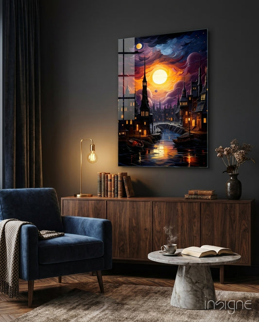 Moonlight glass wall art displayed above a sideboard in a child's room
