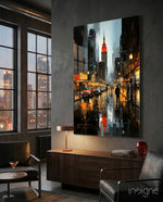 City Night glass wall art displayed above a sideboard in a loft