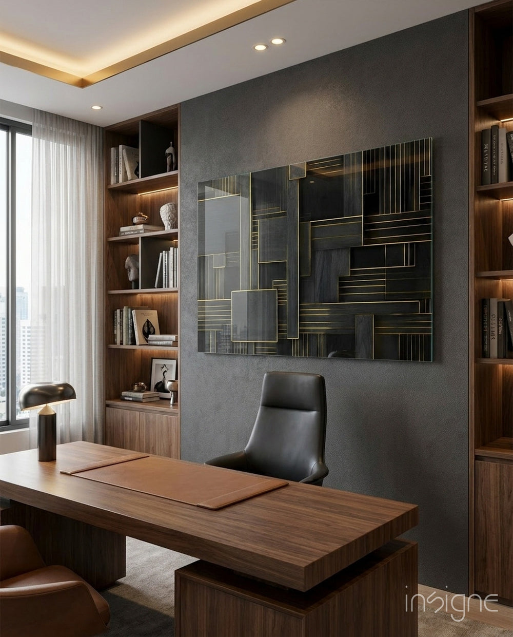 Rectangles glass wall art displayed above a desk in an executive office