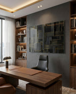 Rectangles glass wall art displayed above a desk in an executive office