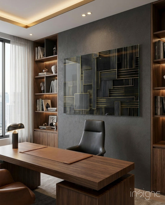 Rectangles glass wall art displayed above a desk in an executive office