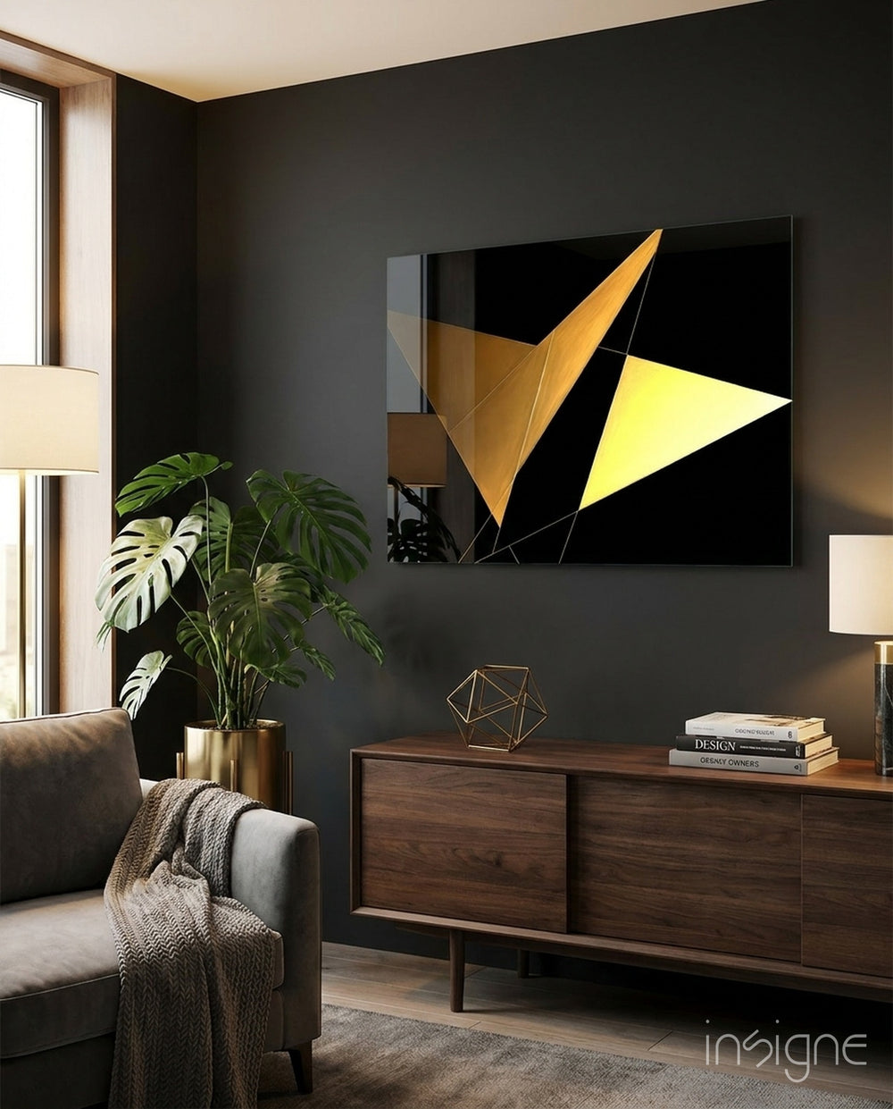 Yellow Wings glass wall art displayed above a sideboard in an executive office