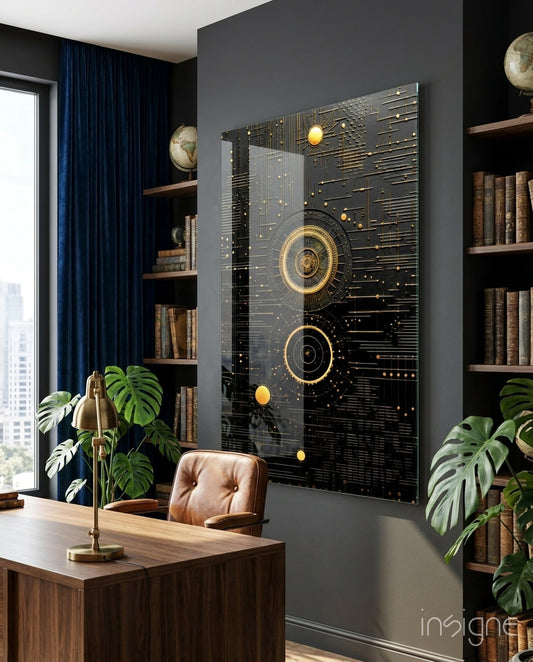 Ancient Sky glass wall art displayed above a desk in a study