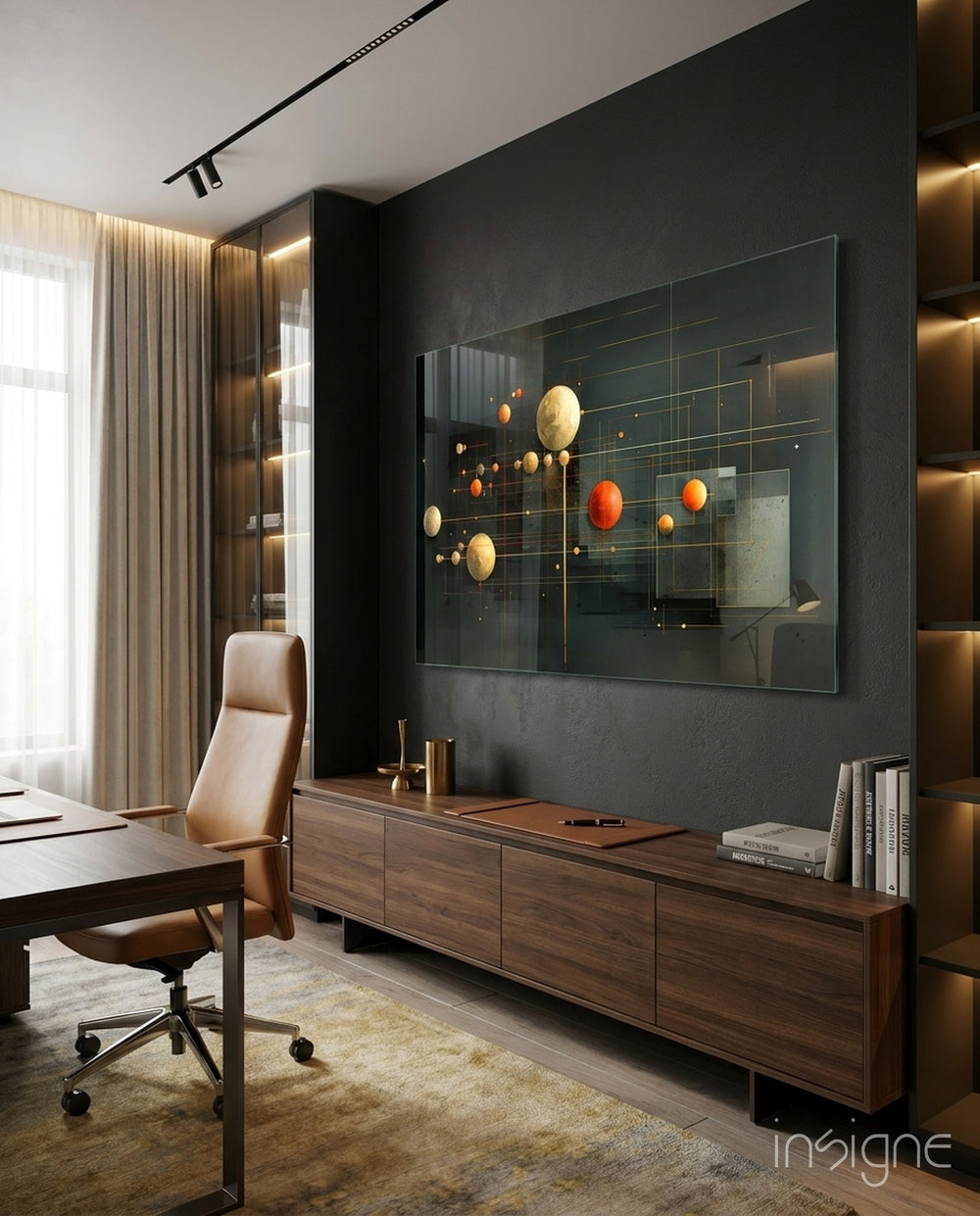 Planets glass wall art displayed above a sideboard in a study