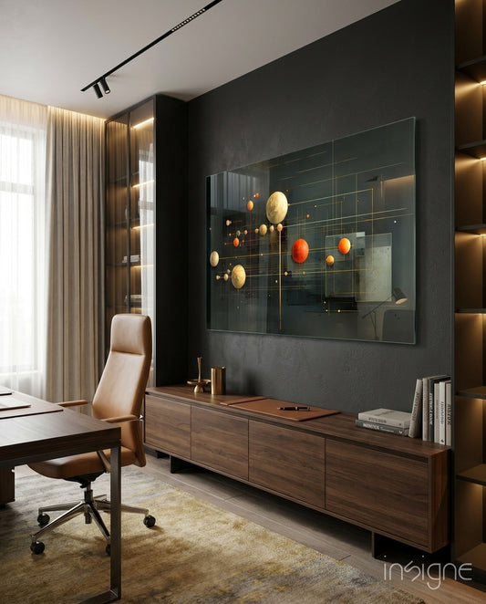 Planets glass wall art displayed above a sideboard in a study