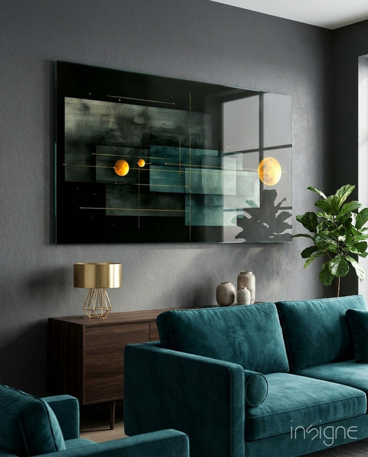 Planet Race glass wall art displayed above a sofa in a living room