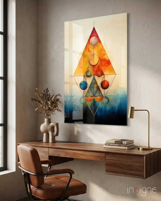 Harmony of Shapes glass wall art displayed above a desk in a study