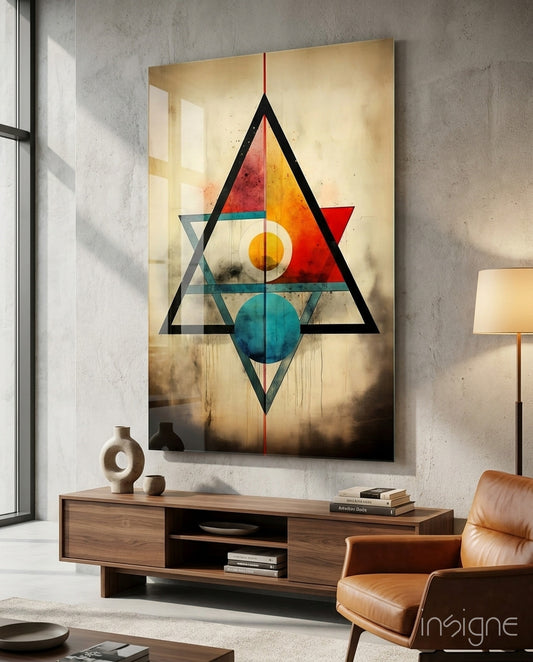 Triangels glass wall art displayed above a sideboard in a study