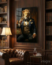 Gentleman glass wall art displayed above a sofa in a library