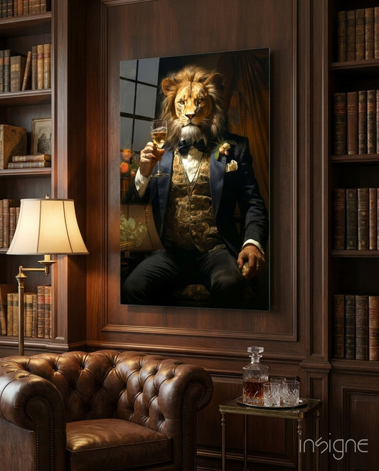 Gentleman glass wall art displayed above a sofa in a library