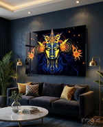 Astrologer glass wall art displayed above a sofa in a meditation corner