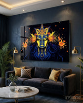 Astrologer glass wall art displayed above a sofa in a meditation corner