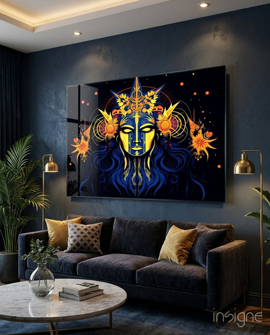 Astrologer glass wall art displayed above a sofa in a meditation corner