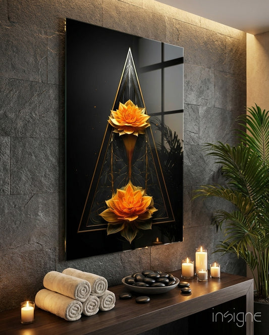 Lotus glass wall art displayed above a console in a yoga studio