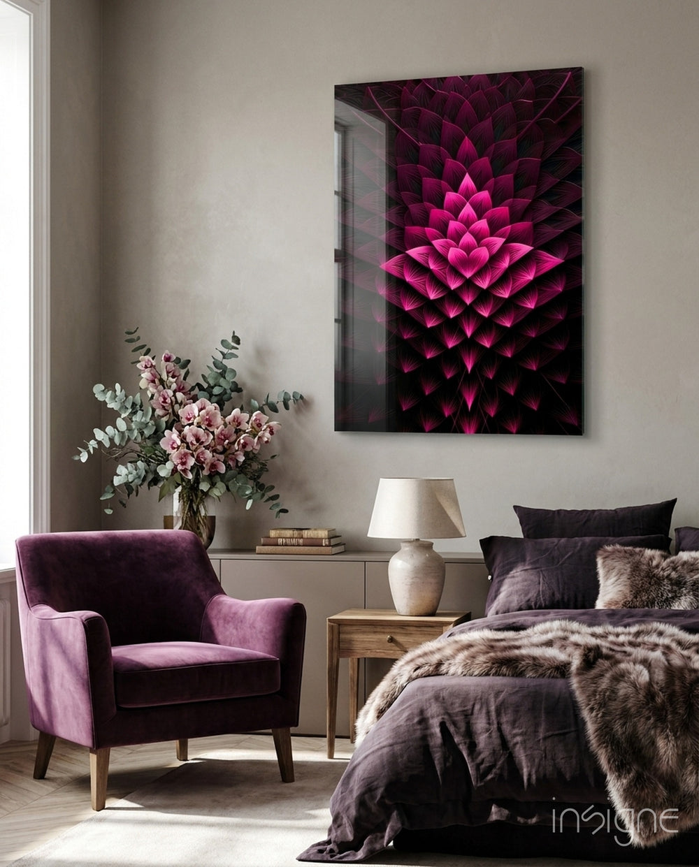 Flower of Luck glass wall art displayed above a bed in a bedroom