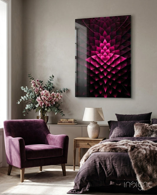Flower of Luck glass wall art displayed above a bed in a bedroom
