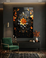 Flower of Luck glass wall art displayed above a sideboard in a study