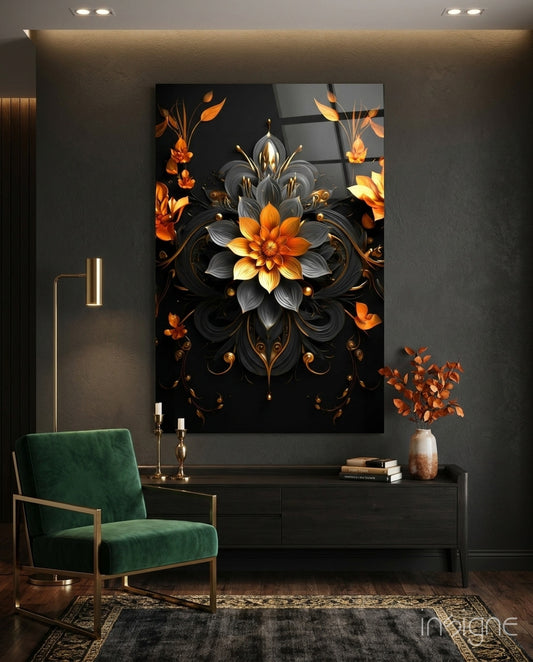 Flower of Luck glass wall art displayed above a sideboard in a study