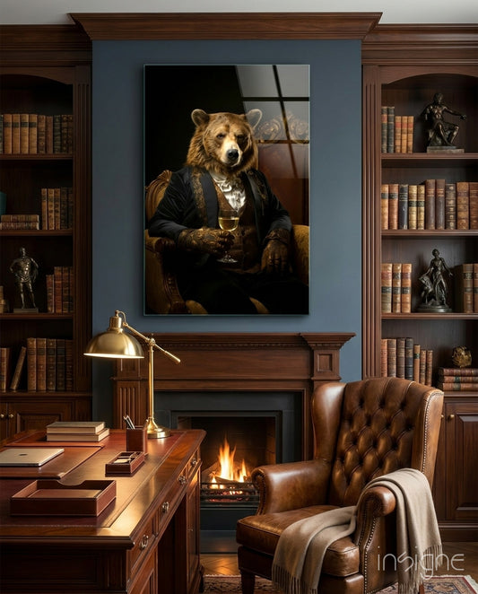 Gentleman Bear glass wall art displayed above a fireplace in a library