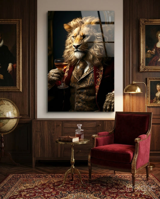 Gentleman glass wall art displayed above a chair in a library