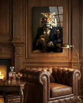 Gentleman glass wall art displayed above a sofa in a library