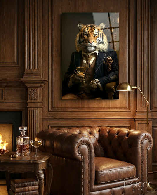 Gentleman glass wall art displayed above a sofa in a library