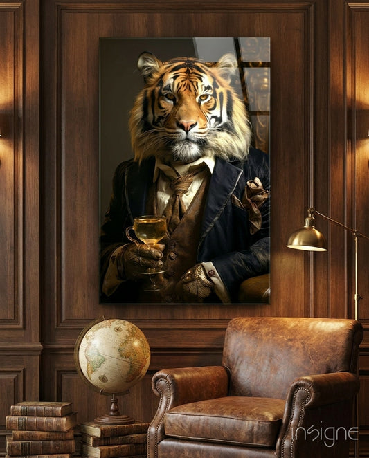 Gentleman glass wall art displayed above a desk in a study