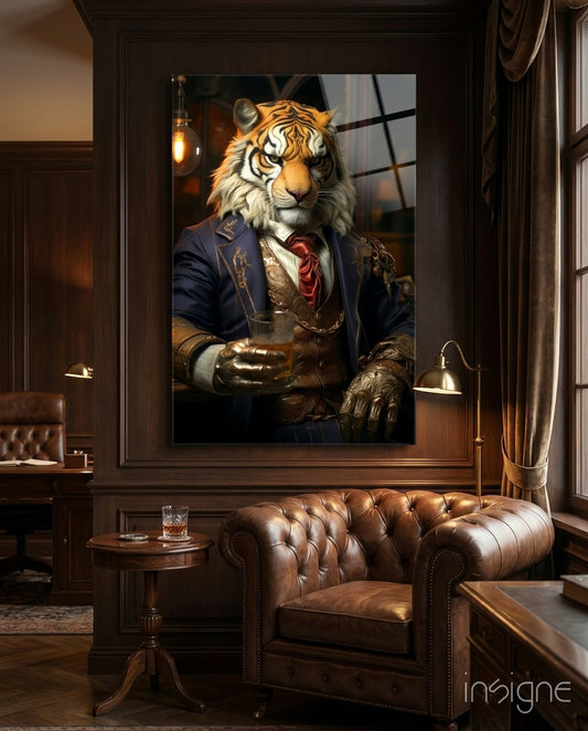 Duke Lion glass wall art displayed above a sofa in a library