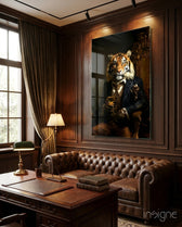 Gentleman glass wall art displayed above a sofa in a library