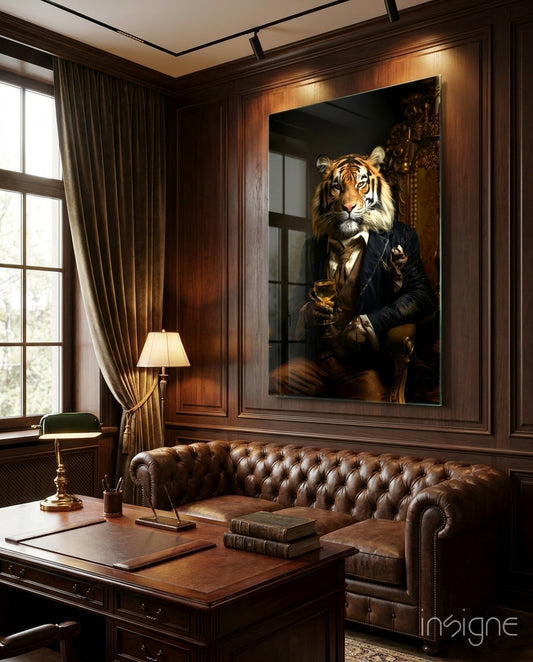 Gentleman glass wall art displayed above a sofa in a library