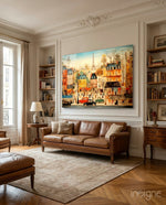 Paris City Life glass wall art displayed above a sofa in a living room