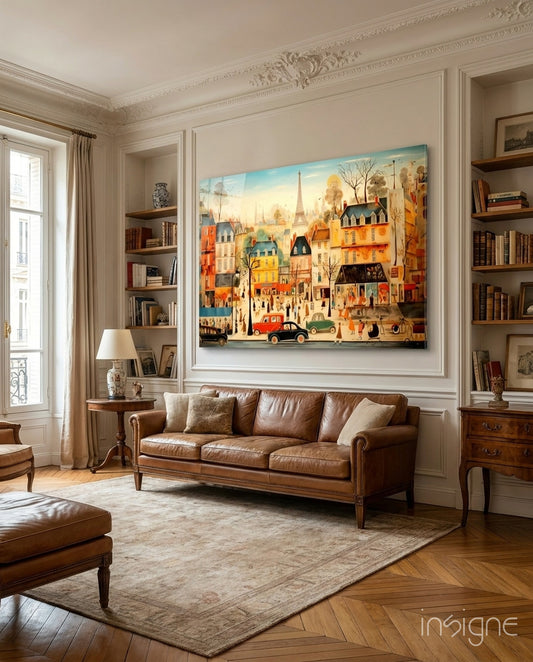 Paris City Life glass wall art displayed above a sofa in a living room