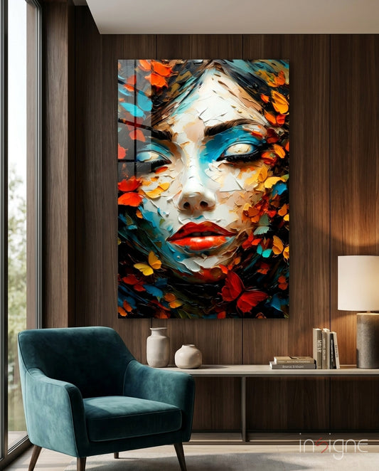 Pleasure glass wall art displayed above a bed in a bedroom