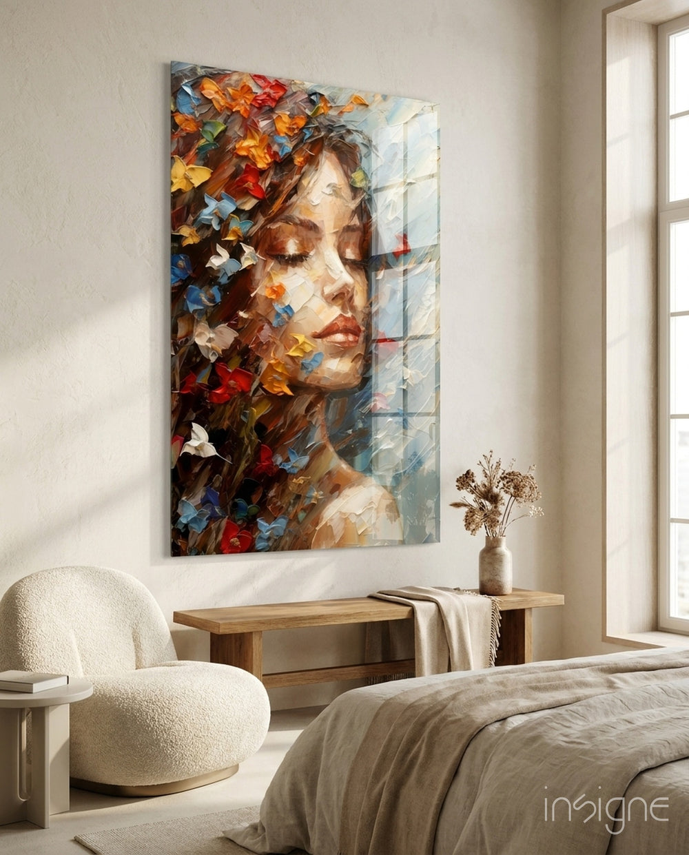 Pleasure glass wall art displayed above a bench in a bedroom