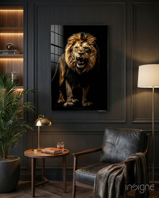 Lion in the Dark glass wall art displayed above a sideboard in a man cave