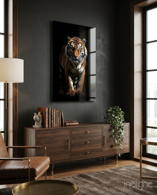 Tiger in the Dog glass wall art displayed above a sideboard in a man cave