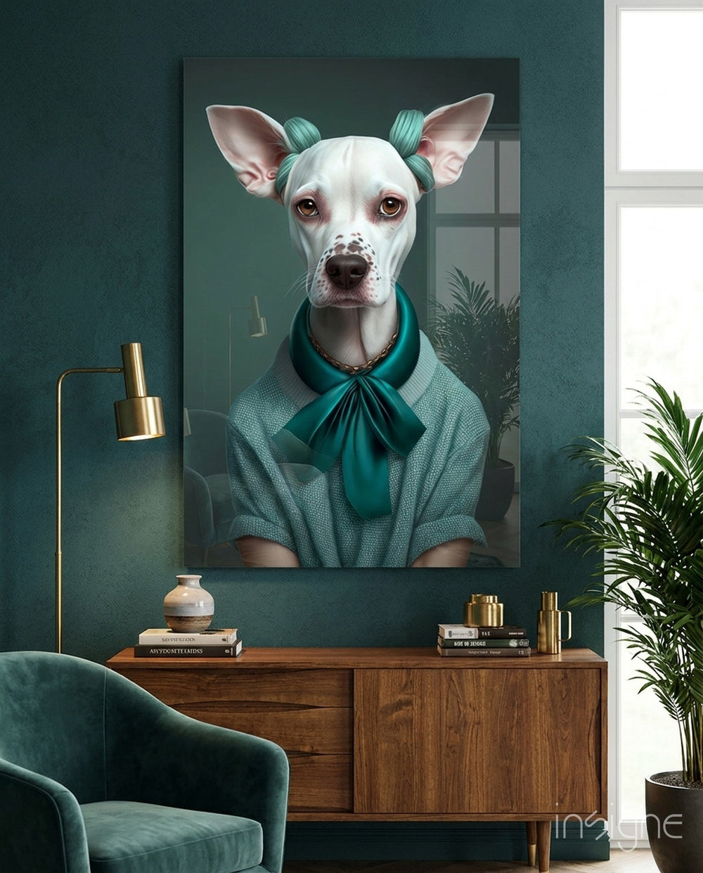 Dog Vogue glass wall art displayed above a sideboard in a living room