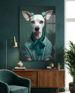 Dog Vogue glass wall art displayed above a sideboard in a living room