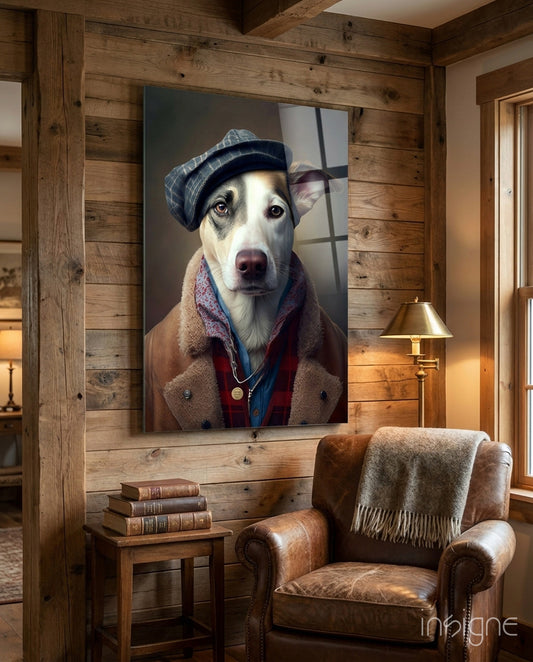 Dog Vogue glass wall art displayed above a chair in a cabin den
