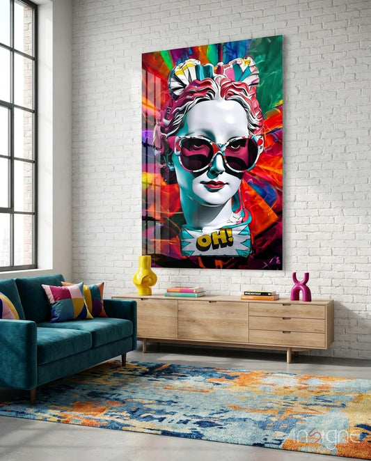 Oh glass wall art displayed above a sideboard in a teen den