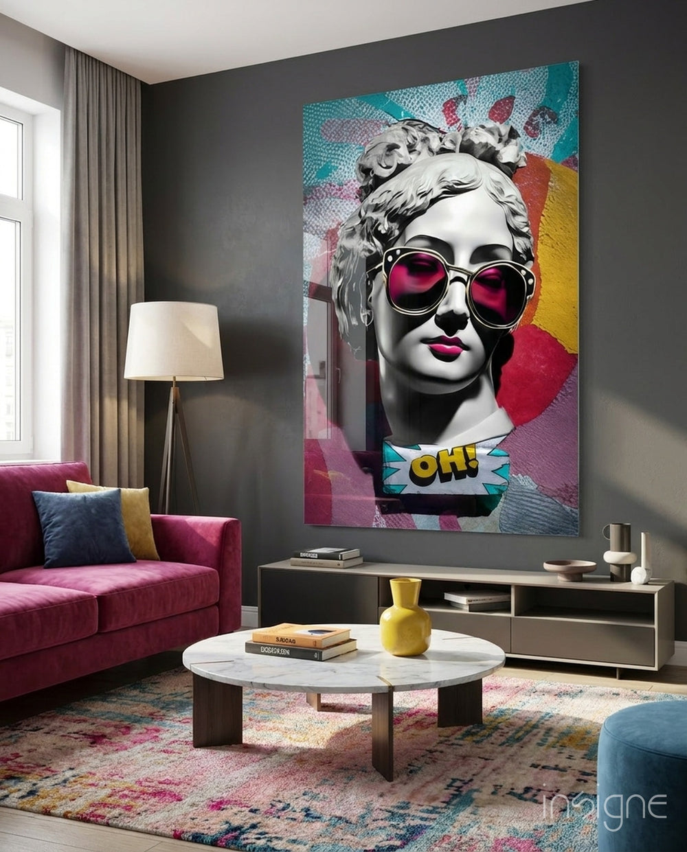 Oh glass wall art displayed above a sideboard in a living room
