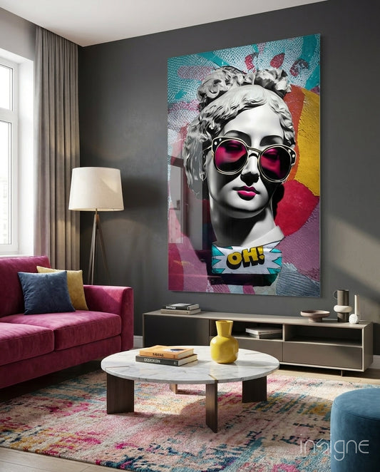 Oh glass wall art displayed above a sideboard in a living room