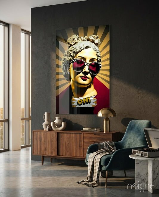 Oh glass wall art displayed above a sideboard in a teen den