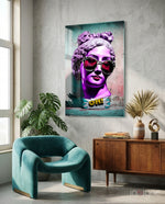 Oh glass wall art displayed above a sideboard in a teen den