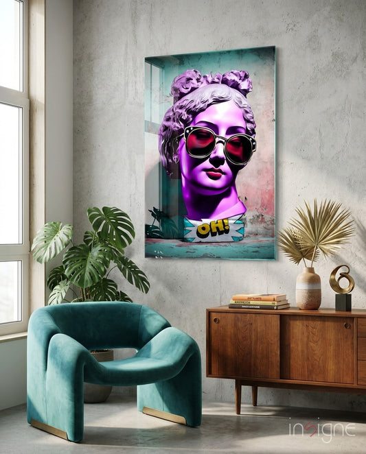 Oh glass wall art displayed above a sideboard in a teen den