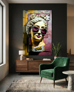 Oh glass wall art displayed above a sideboard in a teen den