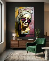 Oh glass wall art displayed above a sideboard in a teen den