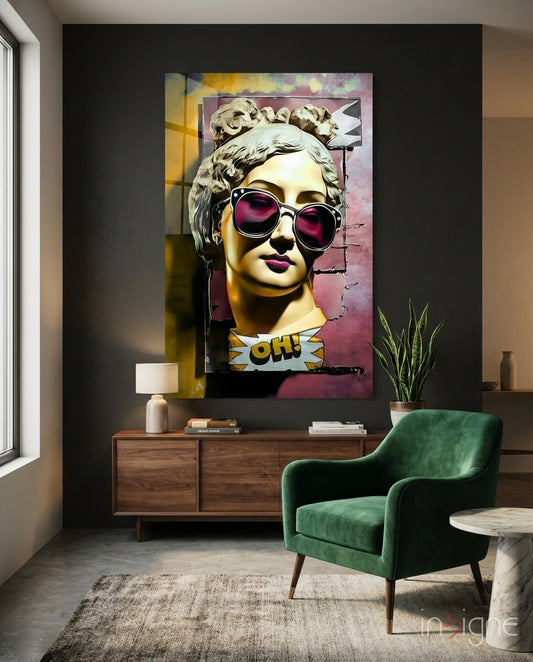 Oh glass wall art displayed above a sideboard in a teen den
