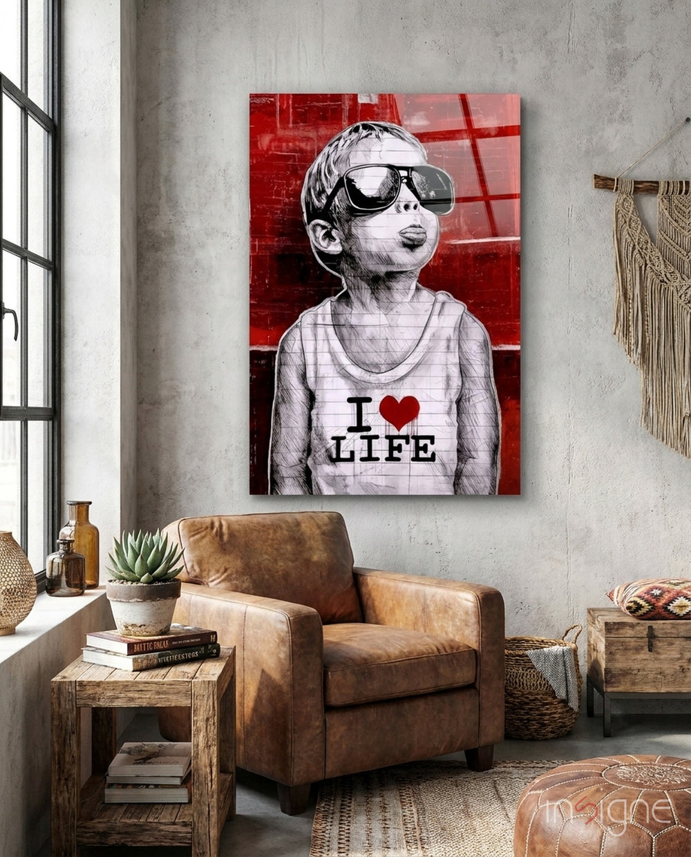 I Love Life glass wall art displayed above a chair in a loft